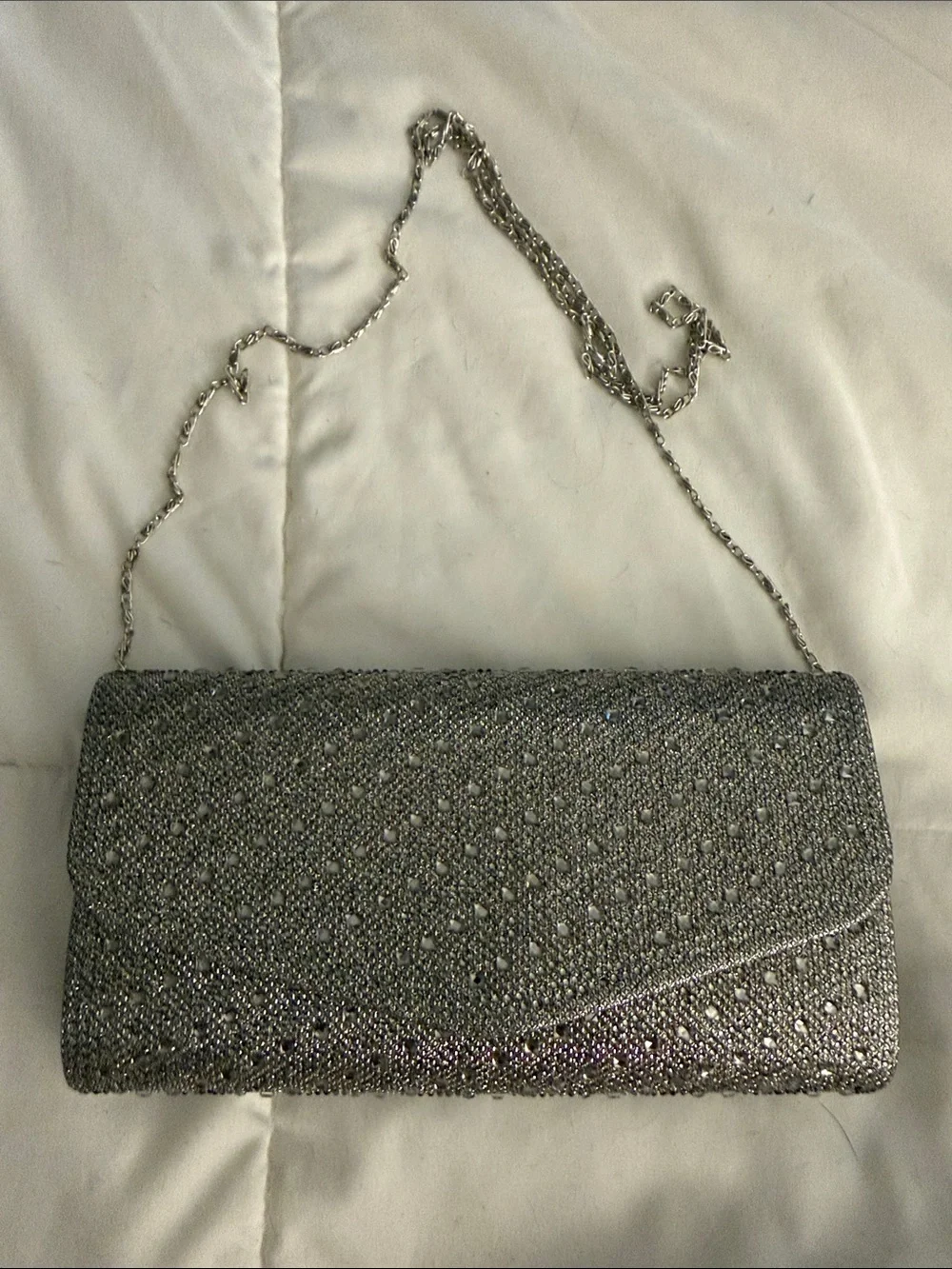 Silver Rhinestone Evening Clutch with Chain Strap